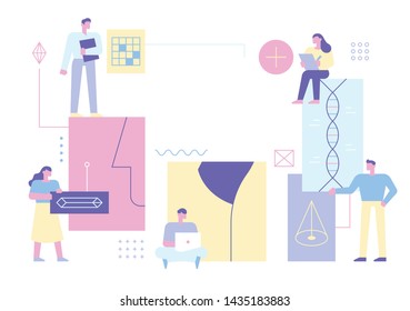 Characters working with abstract design compositions related to technology development. flat design style minimal vector illustration.