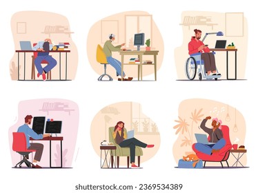 Characters Working Intently At Their Computers, Each Engrossed In Their Tasks, Showcasing A Collaborative And Focused Workspace Filled With Technological Innovation. Cartoon People Vector Illustration