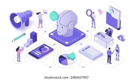 Characters working with modern technology in futuristic AI office. Artificial intelligence in business concept. Isometric vector illustration.