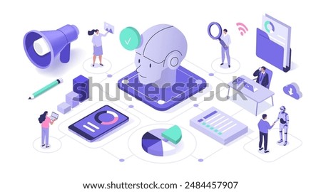 Characters working with modern technology in futuristic AI office. Artificial intelligence in business concept. Isometric vector illustration.