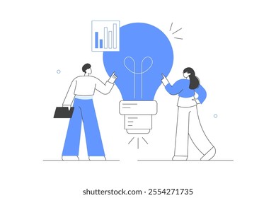 Characters Working in New Startup, Analyzing Data, Creating new Ideas. Business Missions, Creative Idea and Analysis Concept. Flat Cartoon Vector Illustration, icon. Stylish abstract