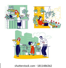 Personajes trabajando en Balcony Garden. Gente Plantando Verduras, Flores y Plantas Potadas Agua y Fertilización del Suelo, Cosecha. Jardinería o Hobby florista. Ilustración de vectores de personas lineales