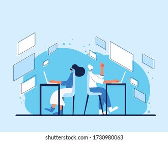 Characters working on computer together. Persons using laptop. Coeorkers sitting at the desks. Vector flat color illustration.