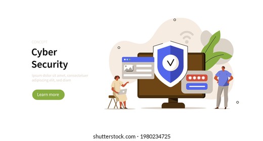 Characters working on computer and using сyber security services to protect personal data. User authorization, two steps authentication and information protection. Flat cartoon vector illustration. 