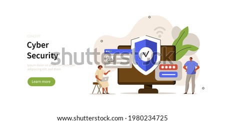 Characters working on computer and using сyber security services to protect personal data. User authorization, two steps authentication and information protection. Flat cartoon vector illustration. 