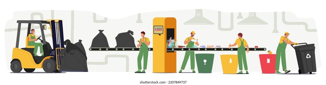 Characters Working on Waste Recycling Plant with Litter Conveyor, Containers for Garbage Separation and Forklift Truck. Wastes Recycle Industry Factory Employees. Cartoon People Vector Illustration