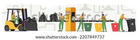 Characters Working on Waste Recycling Plant with Litter Conveyor, Containers for Garbage Separation and Forklift Truck. Wastes Recycle Industry Factory Employees. Cartoon People Vector Illustration