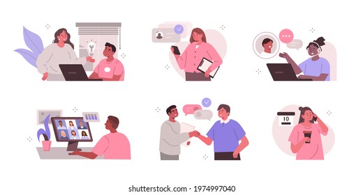 Characters working together, sharing their business ideas, consulting clients, talking with colleagues and other business work scenes. Business women and men set. Flat cartoon vector illustration.