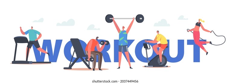 Characters Workout Concept. People Training in Gym Run on Treadmill, Riding Bicycle, Exercise with Barbell and Dumbbells, Jump with Rope, Sport Poster, Banner or Flyer. Cartoon Vector Illustration