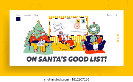 Characters Writing Letter to Santa Claus Landing Page Template. People Asking Gifts for Christmas Holidays. Father Noel Reading Message, Festive Season Tradition, Happiness. Linear Vector Illustration