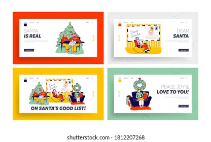 Characters Writing Letter to Santa Claus Landing Page Template Set. People Ask Gift for Christmas Holidays. Father Noel Reading Message, Festive Season Tradition, Happiness. Linear Vector Illustration