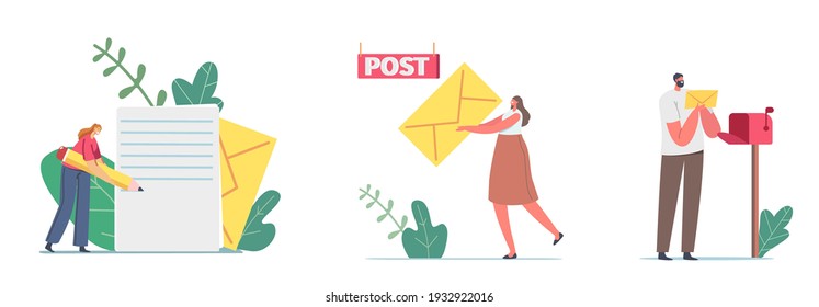 Characters Writing, Sending or Getting Post Mails Messages Concept. Tiny Woman Hold Huge Yellow Envelope. Man Put Letter to Mail Box. Postage, Communication. Cartoon People Vector Illustration