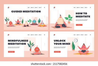 Characters Yoga Class Activities Landing Page Template Set. Yogi Men and Women Meditate in Large Hall, Sitting in Lotus Posture Healthy Lifestyle, Leisure Mind Balance. Cartoon Vector Illustration