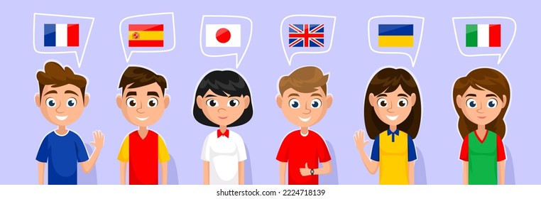 Characters of young people from different countries: France, Spain, Japan, the UK, Ukraine and Italy. Banner for language school or courses. European languages. Cartoon style vector illustration.