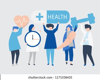 Charactes of people holding health icons illustration