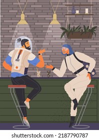Charactes wearing space suits communicating. Happy man and woman in space explorer costume drinking drinks at bar in night club. People having dialogue at costume party, holiday in cosmic style