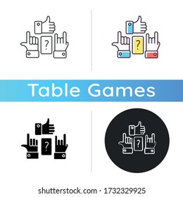 Charades icon. Traditional team play, party amusement. Linear black and RGB color styles. Recreational activity for friends and family. Question and hand signs isolated vector illustrations