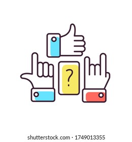 Charades RGB color icon. Traditional team play, party amusement. Recreational activity for friends and family. Question and hand signs isolated vector illustration