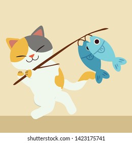 The Charater Of Cute Cat Holding A Brach And Fish. The Cat After It Fishing. Cute Cat In Flat Vector Style.