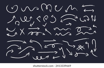 Charcoal arrows and hand drawn curved arrows, freehand different lines, doodle style marker drawing, black chalk lines, direction pointer on black background vector illustration.