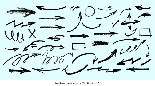 Las flechas de carbón vegetal son iconos vectoriales. Dibujando líneas curvas diferentes de mano libre negra, girando flechas. Diseñar el dibujo de marcadores de doodle, citología de tiza. Indicadores de dirección del vector. Las grietas garabatean el blanco y el negro.