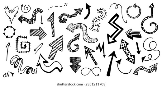 El conjunto de iconos vectoriales de flechas de carbón vegetal. Dibujó a mano alzada diferentes líneas curvas, girando flechas. Ilustración de la flecha Doodle. Vector.