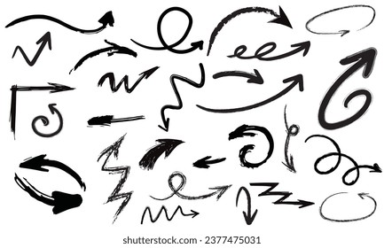 Charcoal arrows vector icons set. Hand drawn freehand different curved lines, swirls arrows. Doodle marker drawing, black chalk smears. Direction pointers. Scribbles and scrawls.