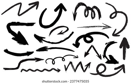 El conjunto de iconos vectoriales de flechas de carbón vegetal. Dibujó a mano alzada diferentes líneas curvas, girando flechas. Dibujo con marcadores de Doodle, cizalladuras negras. Indicadores de dirección. Garabatos y garabatos.