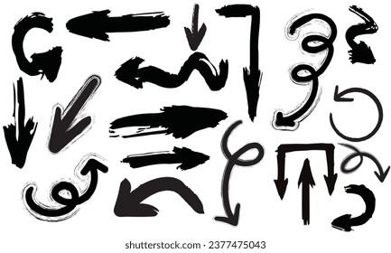 Charcoal arrows vector icons set. Hand drawn freehand different curved lines, swirls arrows. Doodle marker drawing, black chalk smears. Direction pointers. Scribbles and scrawls.
