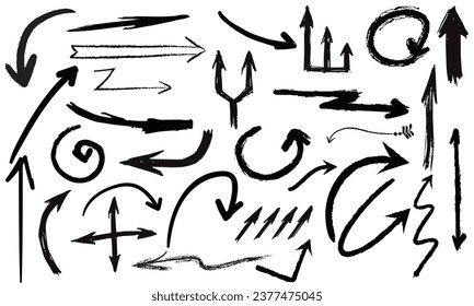 Charcoal arrows vector icons set. Hand drawn freehand different curved lines, swirls arrows. Doodle marker drawing, black chalk smears. Direction pointers. Scribbles and scrawls.