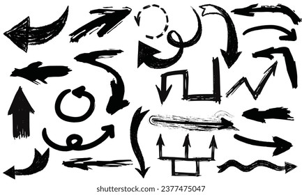 Charcoal arrows vector icons set. Hand drawn freehand different curved lines, swirls arrows. Doodle marker drawing, black chalk smears. Direction pointers. Scribbles and scrawls.