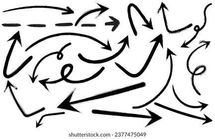 Charcoal arrows vector icons set. Hand drawn freehand different curved lines, swirls arrows. Doodle marker drawing, black chalk smears. Direction pointers. Scribbles and scrawls.