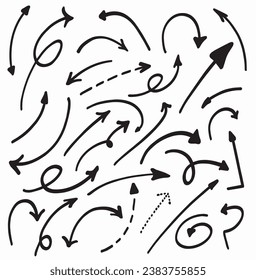 Charcoal arrows vector icons set. Hand drawn freehand different curved lines, swirls arrows. Doodle marker drawing, black chalk smears. Direction pointers. Scribbles and scrawls.