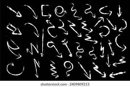 Charcoal arrows vector icons set. Hand drawn freehand different curved lines, swirls arrows.marker drawing, black chalk smears. Direction pointers. Scribbles and scrawls.