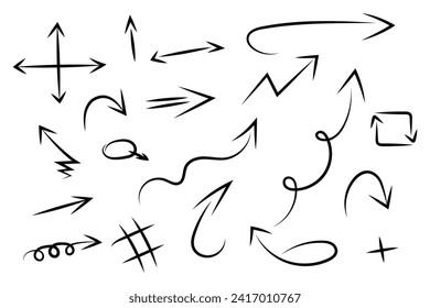 Charcoal arrows vector icons set. Hand drawn freehand different curved lines, swirls arrows. Doodle marker drawing, black chalk smears. Direction pointers. Scribbles and scrawls.
