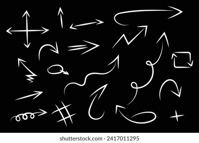 Charcoal arrows vector icons set. Hand drawn freehand different curved lines, swirls arrows. Doodle marker drawing, black chalk smears. Direction pointers. Scribbles and scrawls.