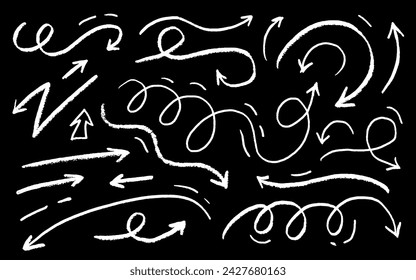 Charcoal arrows vector icons set. Hand drawn freehand different curved lines, swirls arrows. Doodle marker drawing, black chalk smears. Direction pointers. Scribbles and scrawls.
