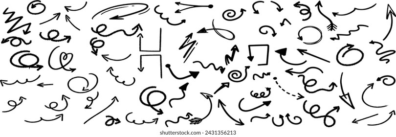 Aktivkohle-Pfeile Vektor-Symbole gesetzt. Handgezeichnete Freihand verschiedene geschwungene Linien, wirbelt Pfeile. Doodle gebogene Kreidepfeile.