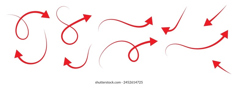 Charcoal arrows vector icons set. Hand drawn freehand different curved lines, swirls arrows. Doodle marker drawing, black chalk smears. Direction pointers. Scribbles and scrawls.