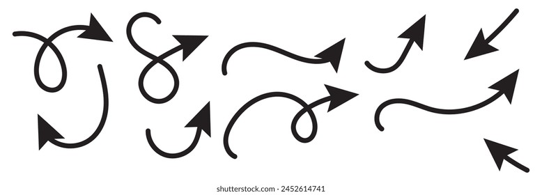 Conjunto de iconos vectoriales de flechas de carbón. Dibujado a mano alzada diferentes líneas curvas, remolinos flechas. Dibujo de marcador de garabatos, manchas de tiza negra. Punteros de dirección. Garabatos y garabatos