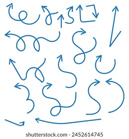 Charcoal arrows vector icons set. Hand drawn freehand different curved lines, swirls arrows. Doodle marker drawing, black chalk smears. Direction pointers. Scribbles and scrawls.