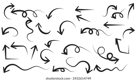 Charcoal arrows vector icons set. Hand drawn freehand different curved lines, swirls arrows. Doodle marker drawing, black chalk smears. Direction pointers. Scribbles and scrawls.