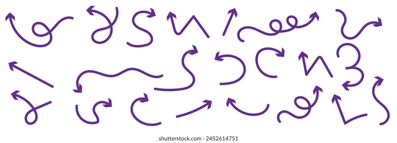 Charcoal arrows vector icons set. Hand drawn freehand different curved lines, swirls arrows. Doodle marker drawing, black chalk smears. Direction pointers. Scribbles and scrawls.
