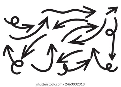 Charcoal arrows vector icons set. Hand drawn freehand different curved lines, swirls arrows. Doodle marker drawing, black chalk smears. Direction 