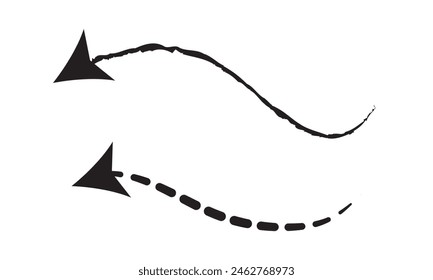 Charcoal arrows vector icons set. Hand drawn freehand different curved lines, swirls arrows. Doodle marker drawing, black chalk smears. Direction pointers. Scribbles and scrawls.