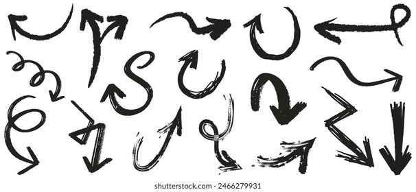 Charcoal arrows vector icons set. Hand drawn freehand different curved lines, swirls arrows. Doodle marker drawing, black chalk smears. Direction pointers. Scribbles and scrawls.eps 10