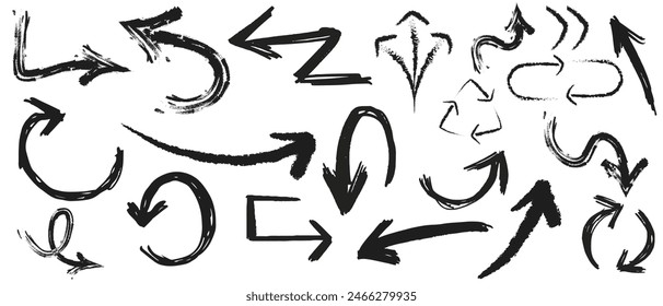 Charcoal arrows vector icons set. Hand drawn freehand different curved lines, swirls arrows. Doodle marker drawing, black chalk smears. Direction pointers. Scribbles and scrawls.eps 10
