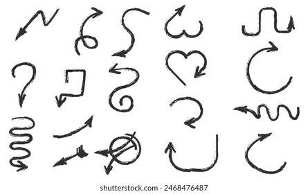 Conjunto de iconos vectoriales de flechas de carbón. Dibujado a mano alzada diferentes líneas curvas, remolinos flechas. Dibujo de marcador de garabatos, manchas de tiza negra. Punteros de dirección. Garabatos y garabatos