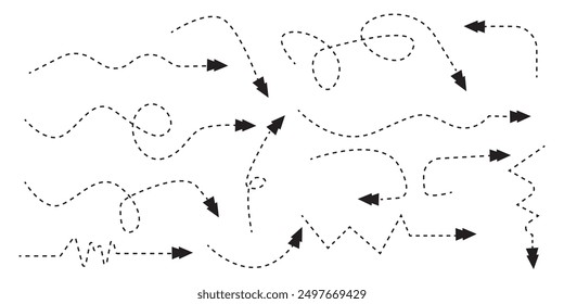Charcoal arrows vector icons set. Hand drawn freehand different curved lines, swirls arrows. Doodle marker drawing, black chalk smears. Scribbles and scrawls.