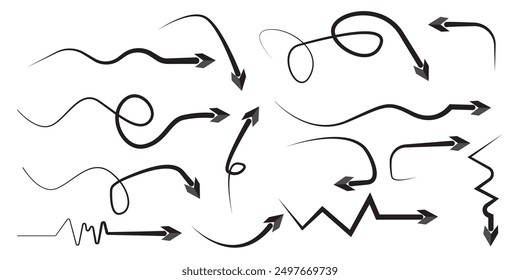 Charcoal arrows vector icons set. Hand drawn freehand different curved lines, swirls arrows. Doodle marker drawing, black chalk smears. Scribbles and scrawls.